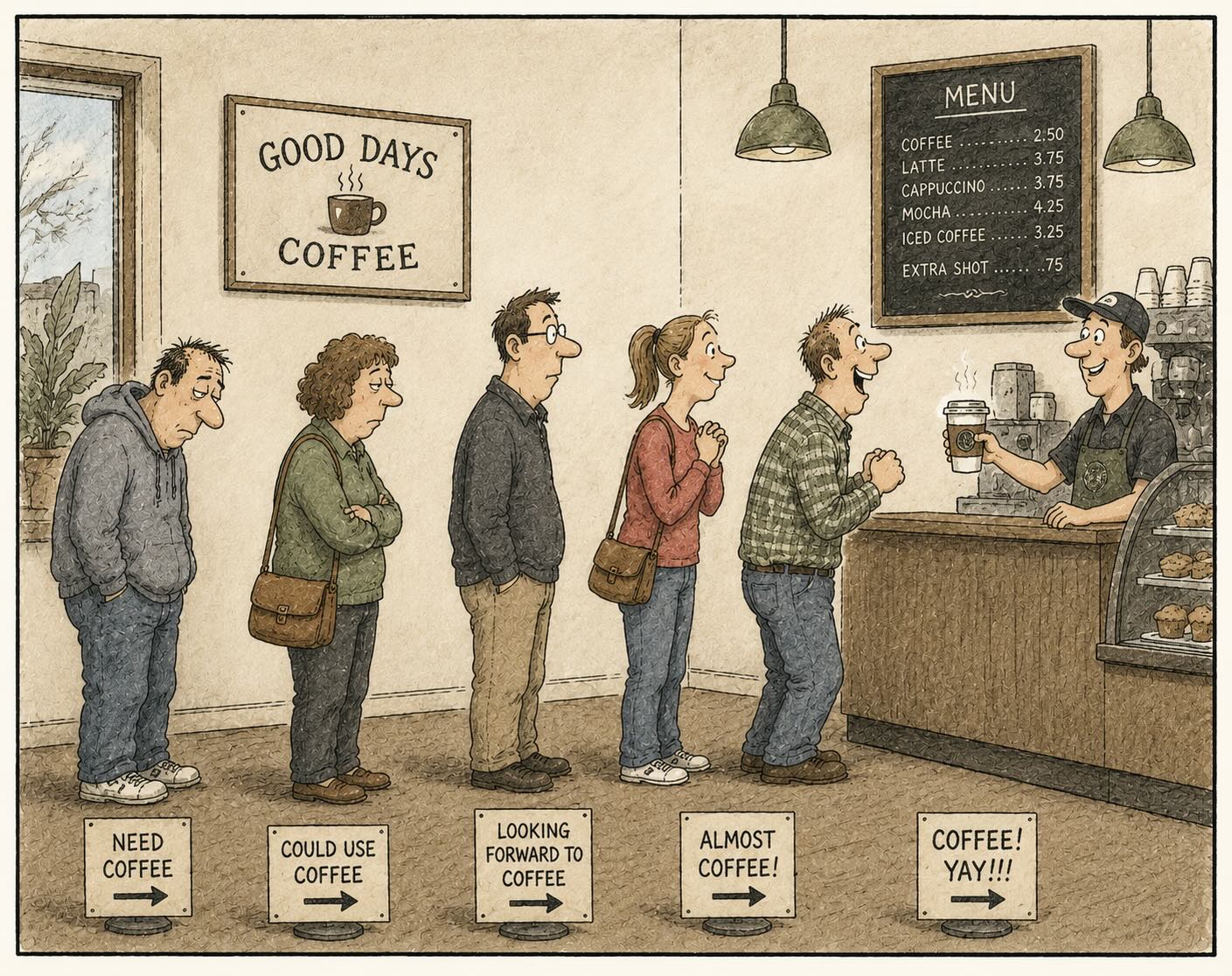 Funny adult life cartoon about coffee
