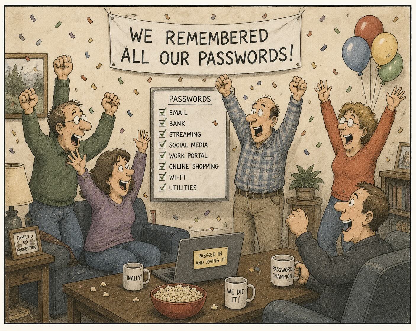 Funny adult life cartoon about passwords