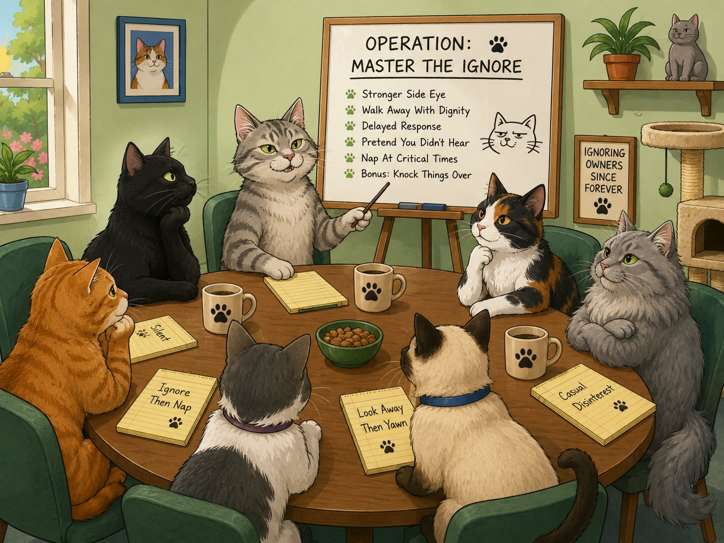 Funny pet cartoon with cats studying