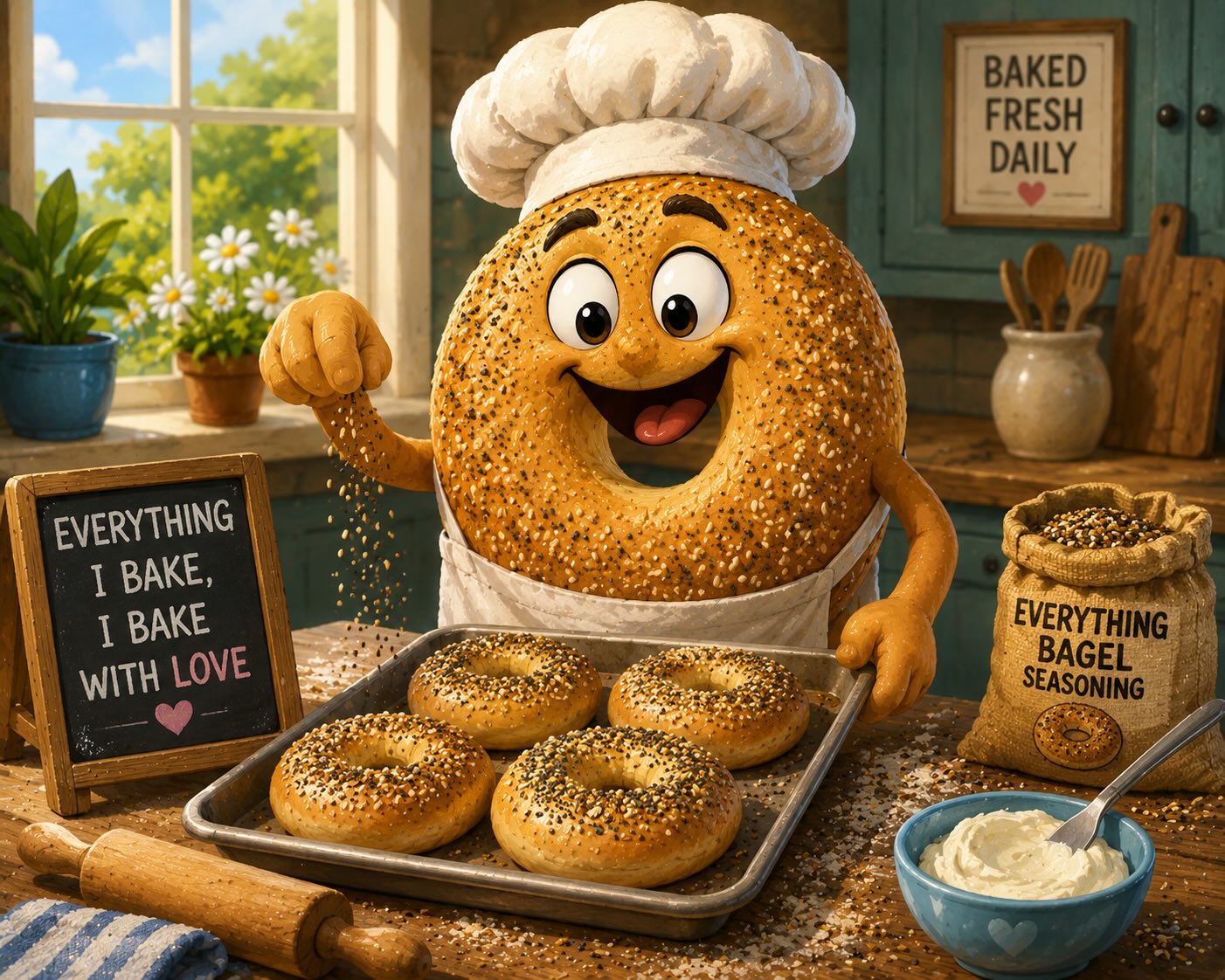 Funny pun cartoon with a bagel joke