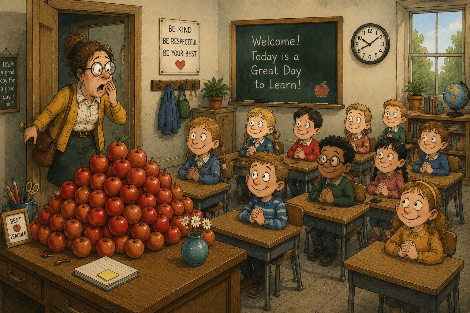 Cartoon of a surprised teacher discovering a huge pile of apples from her students